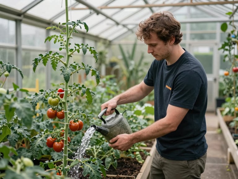 Medium shot of a lush urban garden strip in Hackney, London. A volunteer is watering tomato plants in a greenhouse under diffused, natural UK daylight.