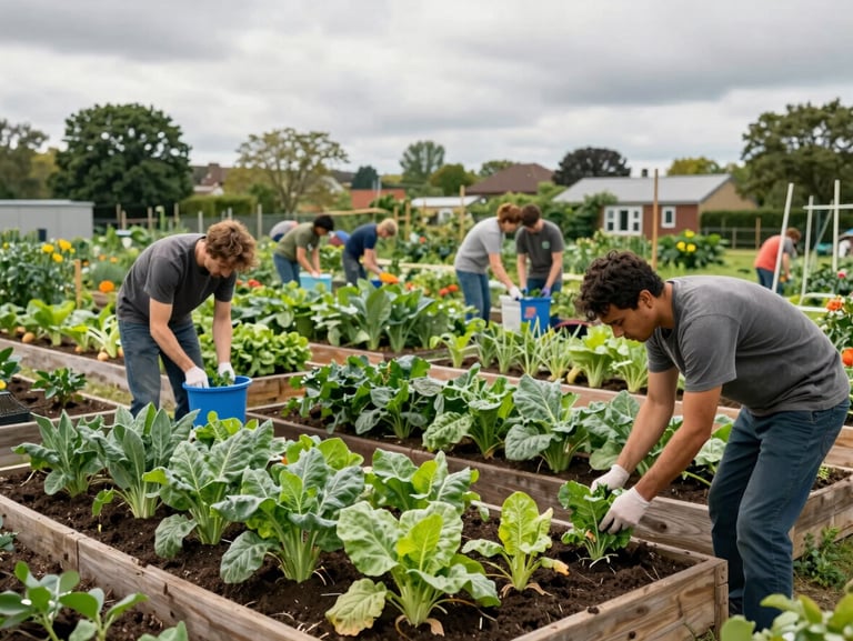 A vibrant green community garden in Birmingham, local volunteers planting vegetables under soft overcast daylight, wide shot.
