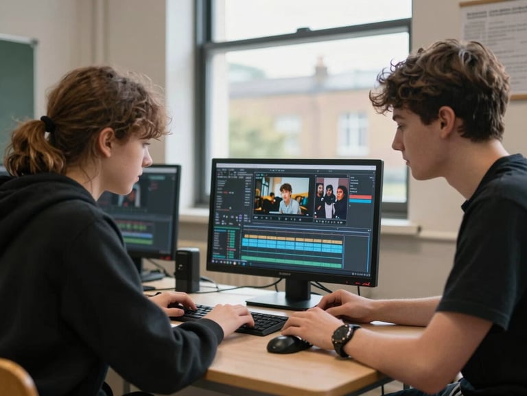 Candid shot of two teenagers in a community center in South London collaborating on a digital video editing suite, natural daylight coming through a large window.