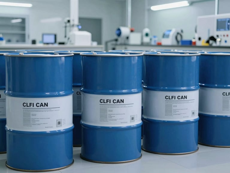 Clean, organized environmental plant floor with sealed industrial chemical drums bearing precise technical labeling under bright, cool laboratory lighting.