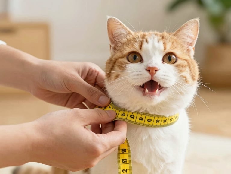 Detailed close-up of hands gently measuring a happy cat's chest with a soft yellow measuring tape, warm natural light, cozy home setting