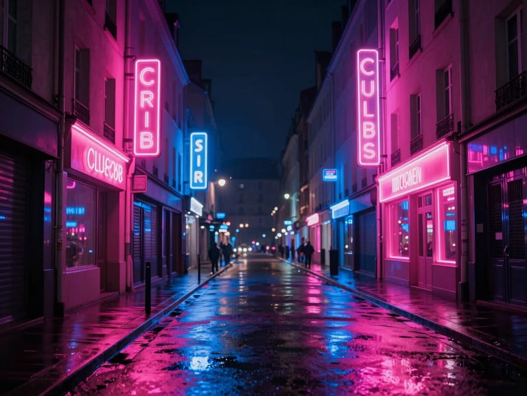 Cinematic wide shot of a neon-lit Parisian street at night, glowing pink and blue club signs, wet pavement reflecting electric lights, atmospheric and moody.
