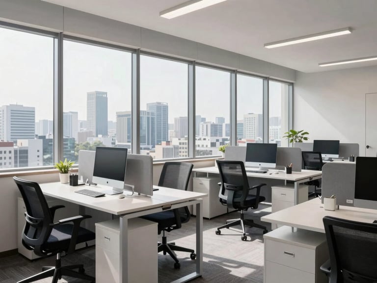 Modern, sunlit office space in Gurugram, India, with sleek desks and a view of a city skyline, natural window light, architectural crop, sharp focus