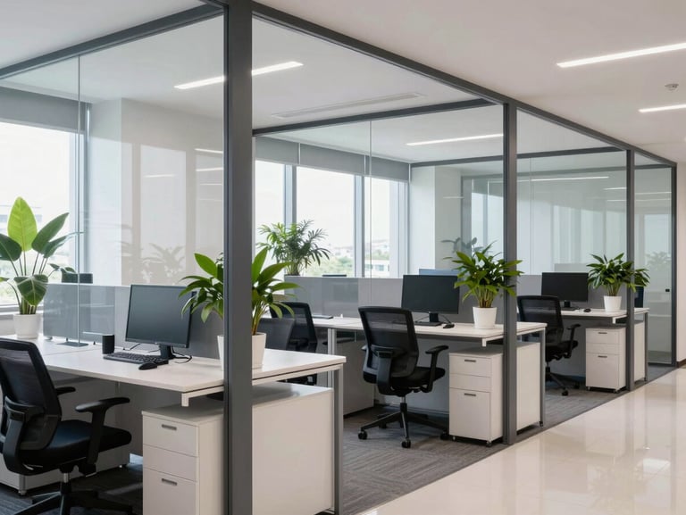 Collaborative modern office space in Bengaluru, India, with glass partitions and green plants, bright natural daylight, editorial medium-close shot, sharp focus