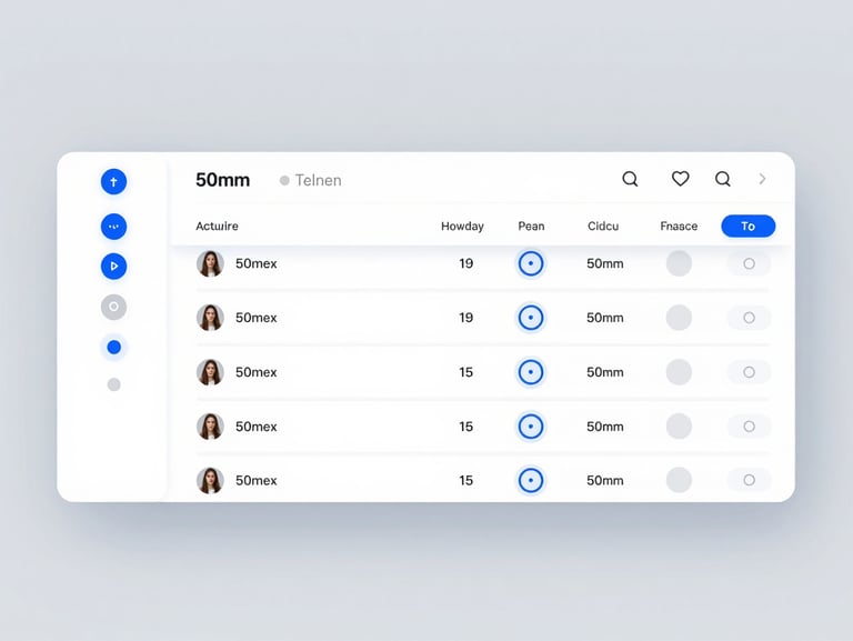 High-fidelity UI mockup of a complex data table component in Figma, displaying hover, active, and disabled states with electric blue focus rings, clean studio lighting.
