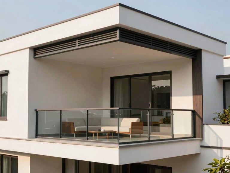 Modern minimalist villa corner balcony in Bengaluru, showing flush custom-fit invisible grills around a 90-degree glass span.