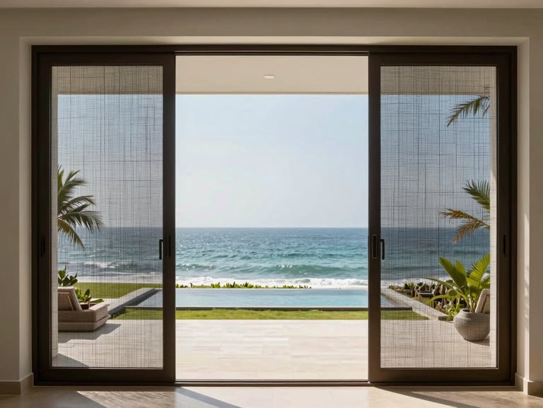 Luxury oceanfront villa in Goa, showing heavy-duty security mesh doors that allow sea breeze while maintaining absolute protection.