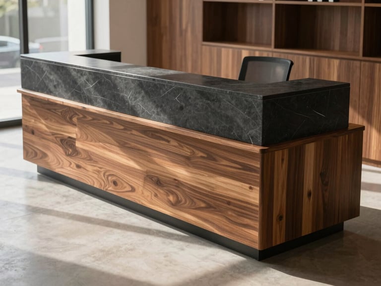 The completed physical office reception desk, matching the CAD model perfectly, crafted in dark slate and warm timber under natural daylight.