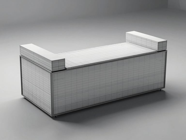 A clean 3D wireframe CAD model of a minimalist office reception desk, showing structural lines and space planning vectors.