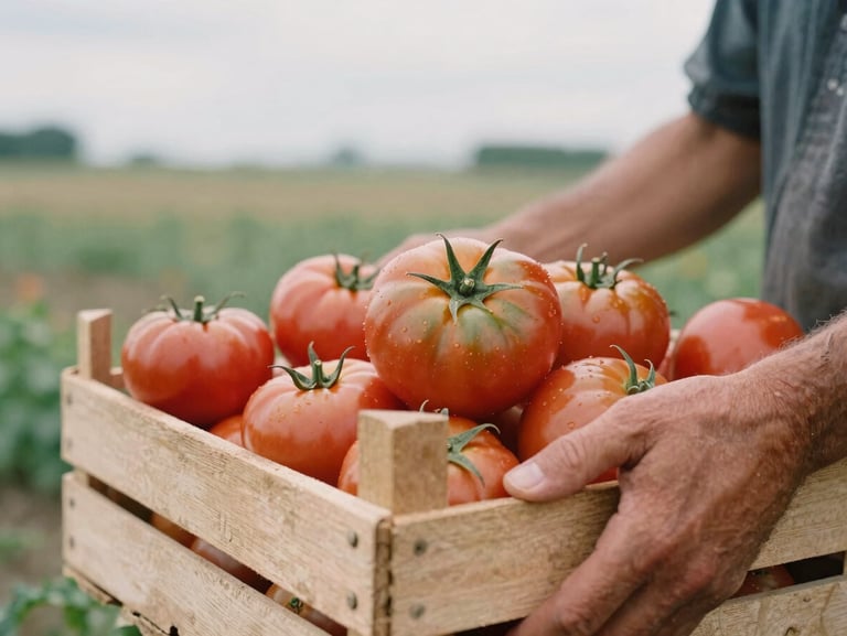 Tactile close-up of a farmer's hands holding a wooden crate overflowing with fresh heirloom tomatoes in an open field, soft overcast daylight, rich earthy tones, 35mm film aesthetic.