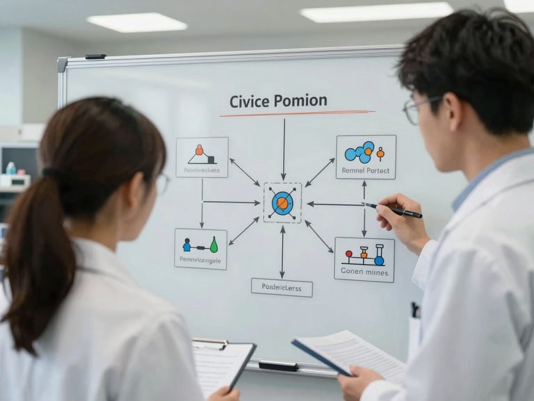 Candid environmental shot of two researchers discussing a computational model in a modern university lab, natural daylight, focus on the interactive whiteboard with flowcharts.