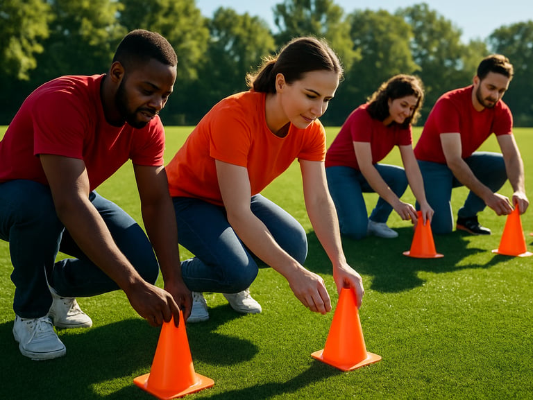 Volunteers setting up orange cones on a vibrant green turf field under bright morning sunlight, active community participation.