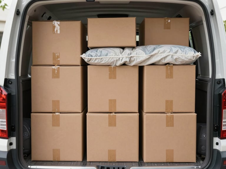 A stack of neatly wrapped cardboard boxes and furniture padded with protective blankets inside a clean moving vehicle, bright natural light.