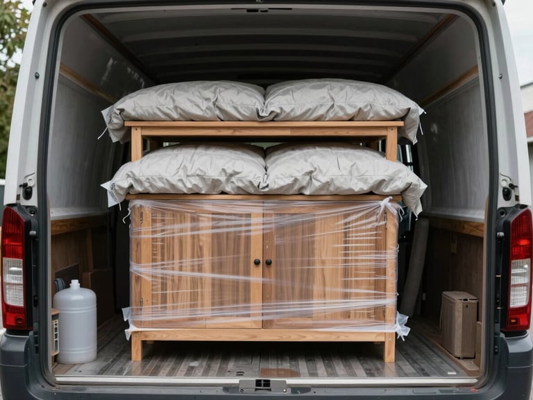Padded furniture protection wrapping a wooden cabinet with thick protective blankets inside a spacious moving truck.
