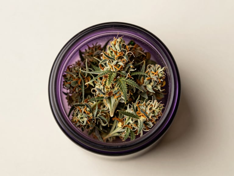 Symmetrical overhead shot of premium cannabis flower in a sealed dark violet glass jar on a clean cream surface.