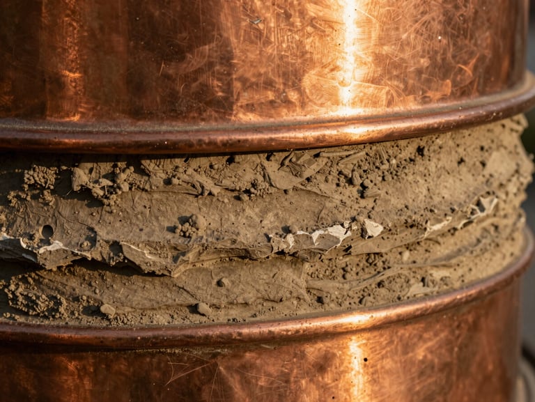 Extreme close-up of textured copper and raw clay strata, warm golden hour light highlighting the physical materiality and rugged utility.