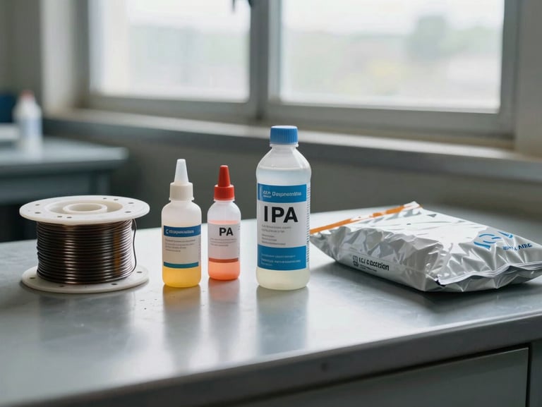 Close-up of consumables laid out on a workbench — solder wire reel, flux bottle, IPA solution canister, and ESD bag — north-facing daylight from an industrial window, packaging labels legible, no hands