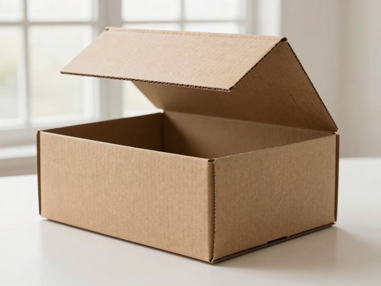 Pristine self-assembling die-cut cardboard box, open lid, kraft paper texture, clean angles, natural studio light