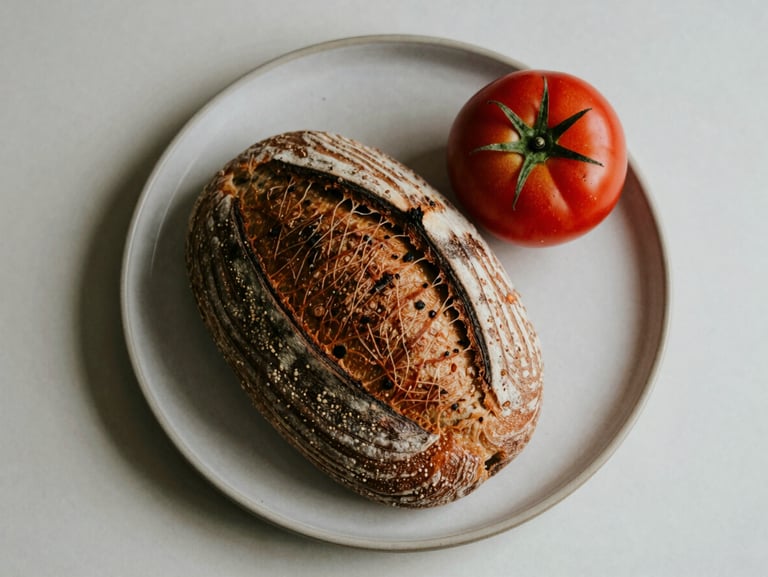 Minimalist overhead flat-lay of an artisanal sourdough bread next to a crimson tomato on a neutral ceramic plate, soft diffused side light, warm editorial photography, 35mm.