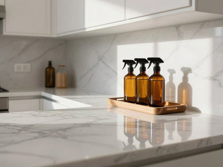A beautifully lit, immaculate kitchen with polished marble reflections, clean white cabinetry, and amber glass spray bottles sitting neatly on a wooden tray under soft morning light.
