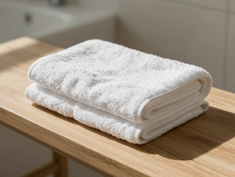 Close-up of a beautifully folded white linen towel resting on a clean, light oak bench in a serene, sunlit bathroom, soft morning light casting long shadows.