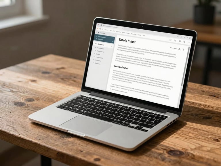 A clean laptop displaying an editorial language interface on a rustic wooden desk, warm daylight casting soft shadows, minimalist study setting.