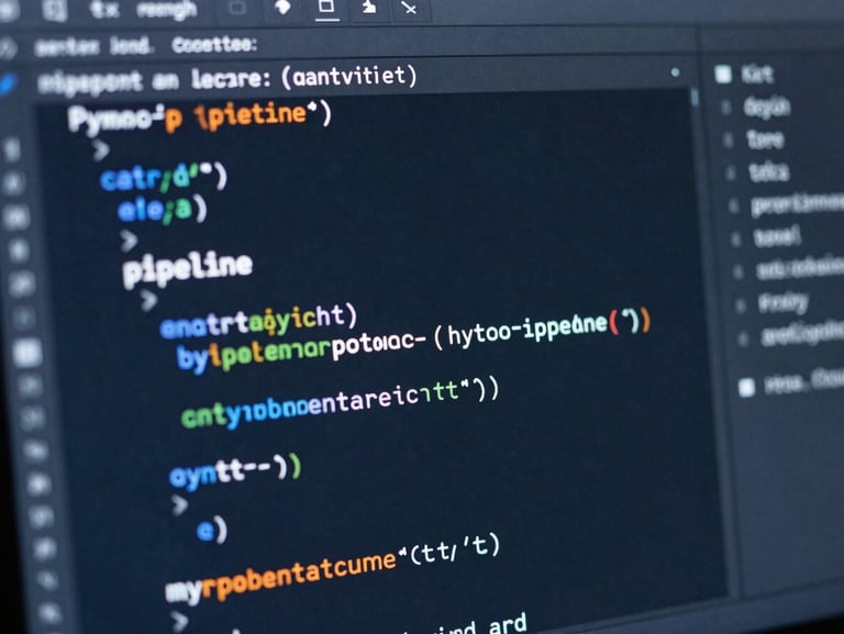 Close-up of a modern code editor displaying Python pipeline code, clean syntax highlighting, deep blue ambient screen glow.