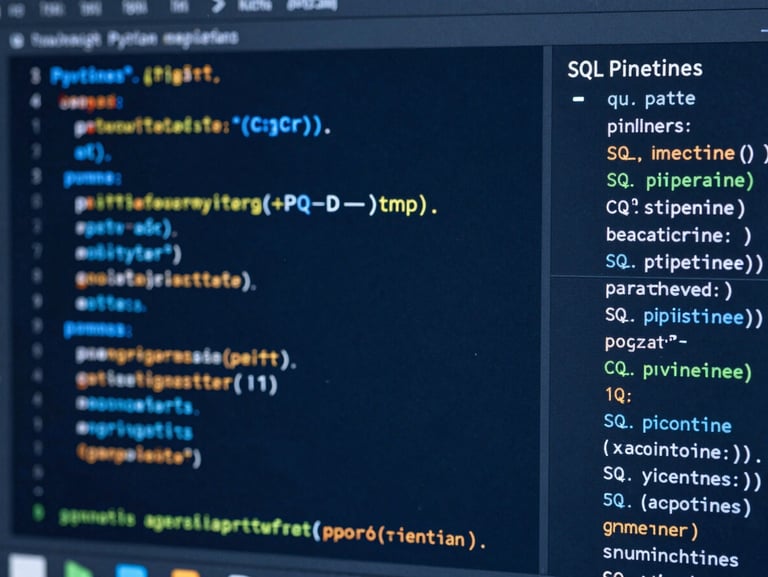 Close-up of clean code blocks in a modern IDE displaying Python and SQL data pipelines, deep blue ambient background, sharp technical details.