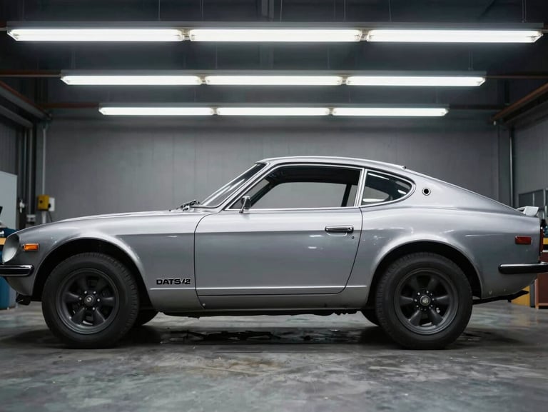 Straight-on side profile of a stripped 1972 Datsun 240Z steel body on a jig, overhead fluorescent lighting, sharp industrial photography, 35mm