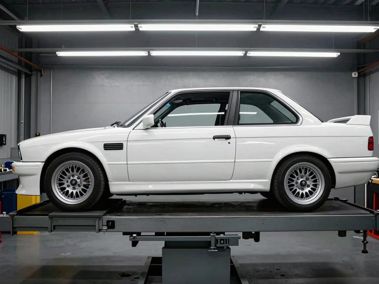 Side profile of a classic white E30 M3 chassis secured on a heavy-duty steel rotisserie inside a clean industrial workshop, harsh fluorescent lighting, 35mm