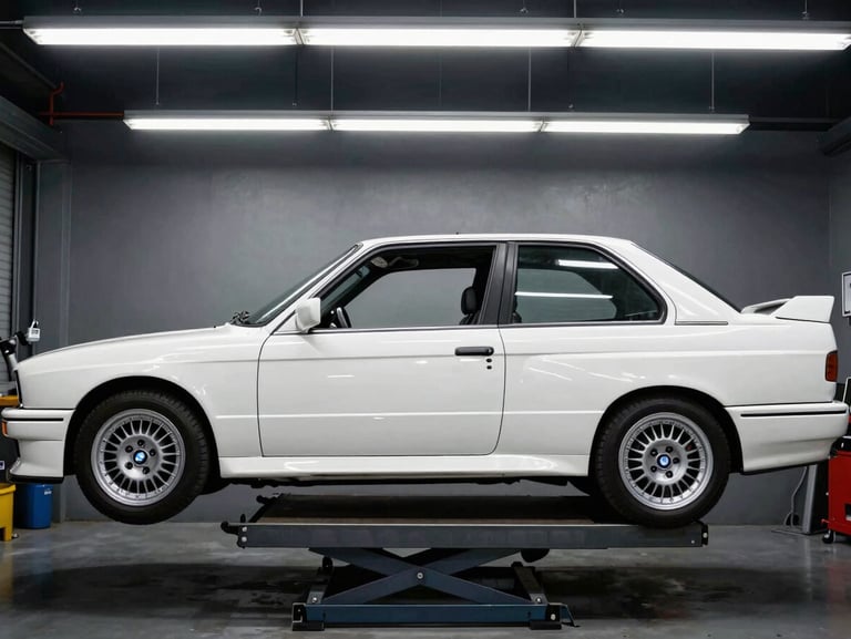 Straight-on side profile of a white BMW E30 M3 chassis on a rotisserie, harsh workshop lighting, high-contrast metallic tones, 35mm