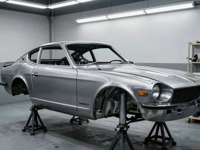 Side profile of a stripped bare-metal Datsun 240Z body shell resting on jack stands in a brightly lit fabrication shop, high-contrast metallic tones, 35mm