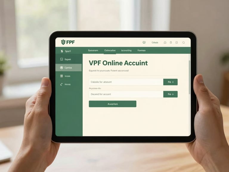 Close-up of hands holding a tablet, displaying a VPF online account opening interface, bright natural light.