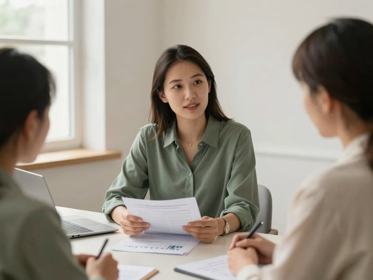 Professional advisor in a warm-lit collaborative workspace, discussing a financial plan with a client, clean minimalist background.