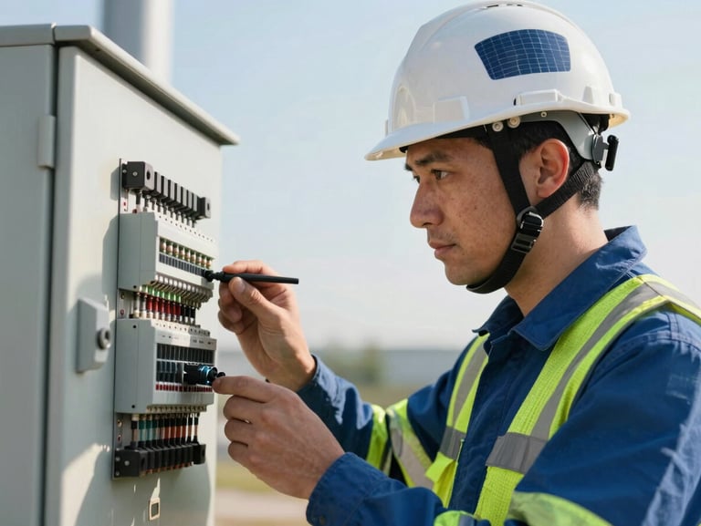 Close-up portrait of an Ironclad Solar engineer wearing high-vis safety gear and a hardhat, examining a rugged electrical panel on-site under direct sunlight.