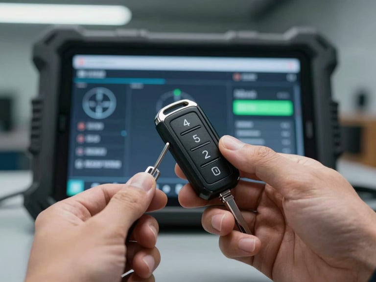 Close-up of hands holding a modern electronic vehicle key fob, diagnostic tablet screen visible in the background showing system synchronization progress under cool LED workshop lighting.