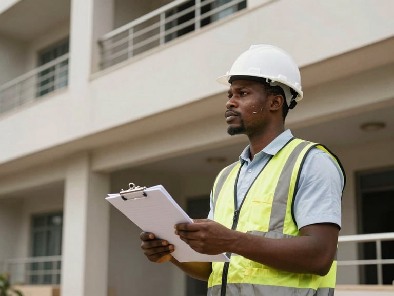 Property inspector with a clipboard conducting a structural check on a building exterior in Lagos, mid-range shot, natural daylight, procedural documentary mood
