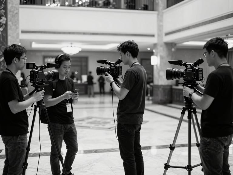 High-contrast black-and-white behind-the-scenes photography of a multi-camera crew setting up silently in a five-star hotel lobby