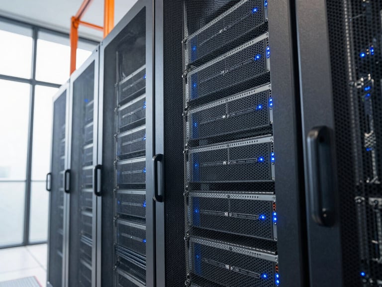 A clean, cool-toned corporate IT server room with blue LED indicator lights on rack-mounted servers.