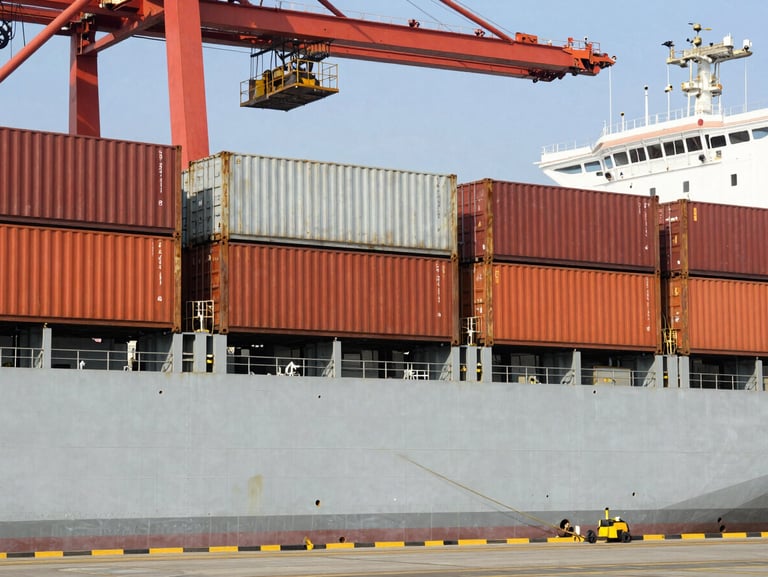 A commercial cargo ship docked at a port, steel containers being loaded under bright daylight.
