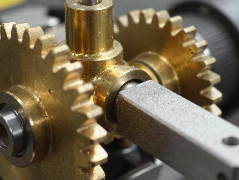 Macro close-up of heavy-duty brass gears and a clean actuator arm mechanism, bright high-contrast daylight highlighting the metallic texture and precise alignment.