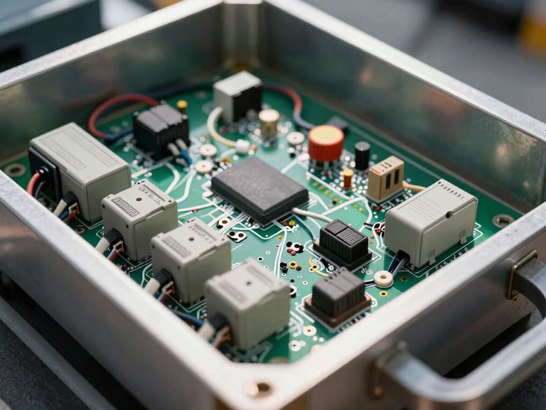 A pristine low-voltage control board inside an open metal enclosure, clean wiring paths, safety loop detectors visible under bright direct sunlight.