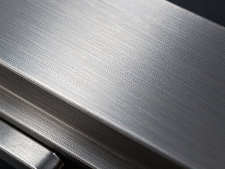 Macro extreme close-up of brushed stainless steel texture, clean linear grain reflecting cool natural light, sharp metallic contrast, high-end architectural finish.