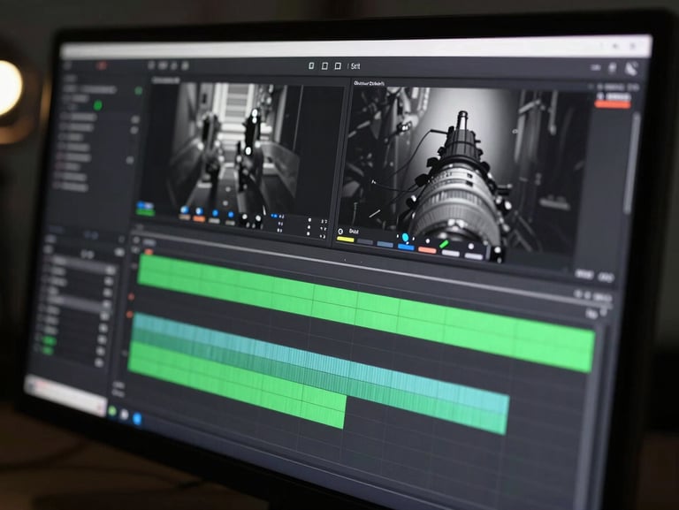 Close-up of a professional video editing timeline on a high-end monitor, color grading interface visible, moody studio key light, sharp focus.