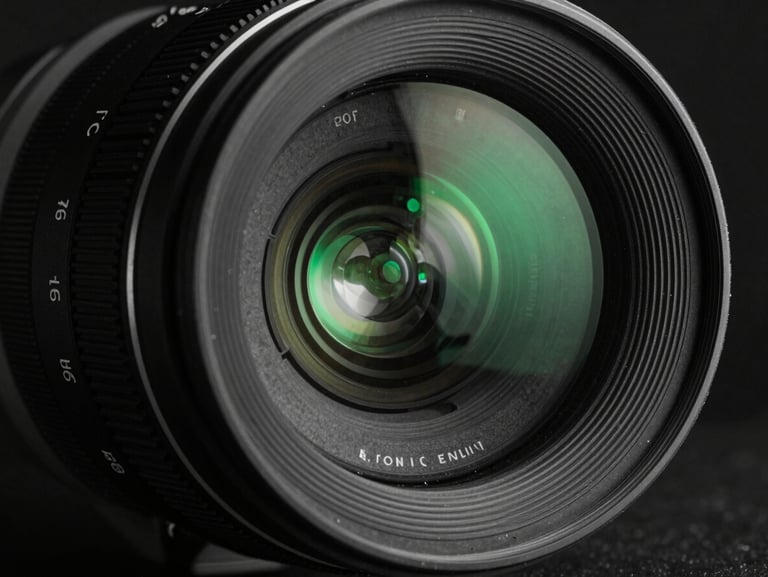 Macro shot of a premium cinema lens, reflection of green studio light on the glass element, high-contrast monochrome style.