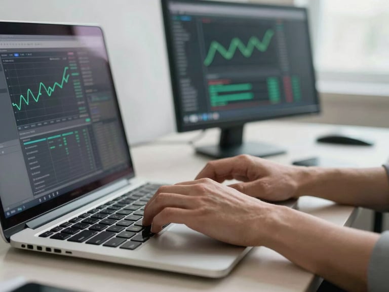 Close-up of hands typing on a laptop keyboard, a secondary monitor in soft focus showing a data dashboard with green chart lines, clean desk surface, bright north-facing studio light, no person's face visible, documentary-quiet