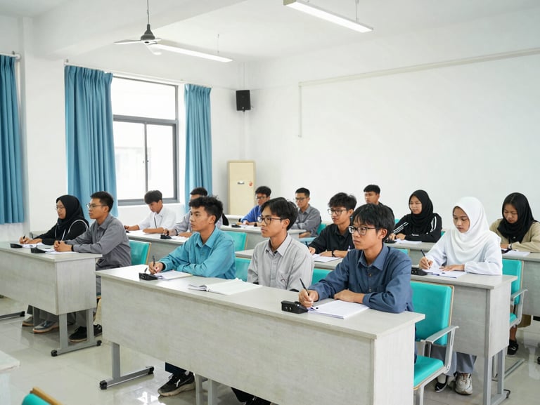 Bright editorial photo of a modern campus lecture hall at STIKES Bhakti Pertiwi Luwu Raya, students attending an academic seminar, natural daylight