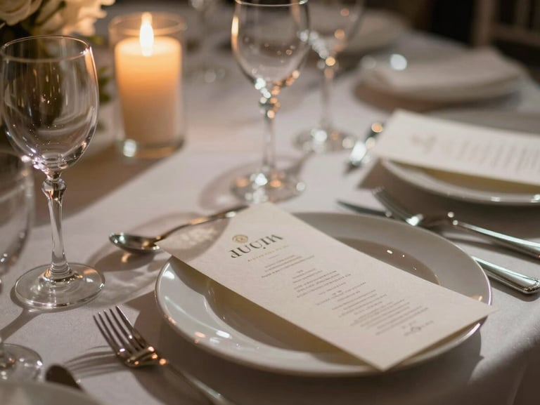 Close-up of a luxury wedding table setting, warm candlelight reflecting on crystal glassware and heavy textured paper menus, elegant composition, 35mm lens