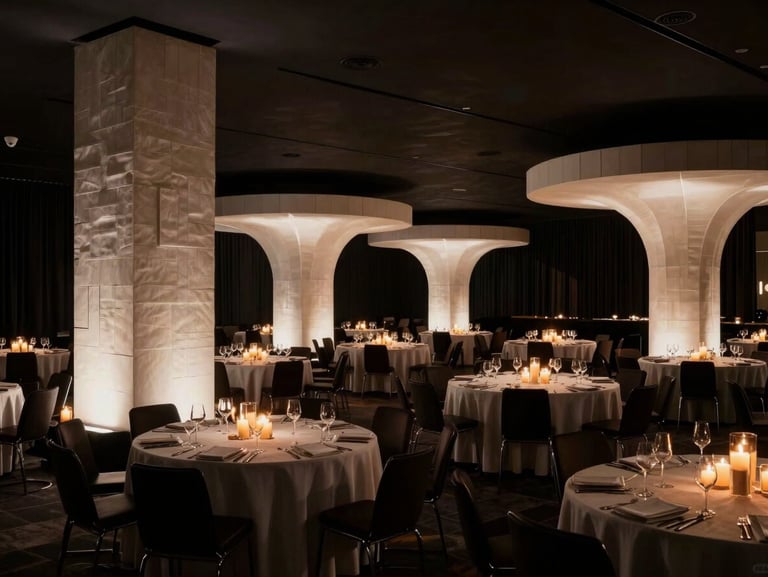 Dramatic wide-angle shot of a corporate gala venue, high-contrast lighting highlighting custom-fabricated spatial structures and modern design elements, 35mm lens