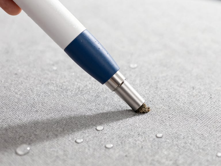 Macro detail shot of a deep-cleaning extraction nozzle drawing dirt out of a textured gray sofa fabric, water droplets visible, sharp focus